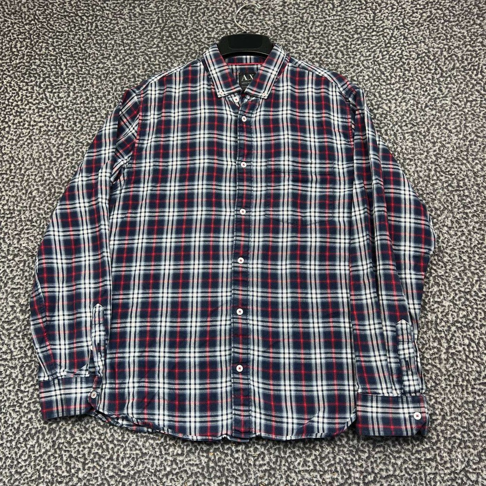 Armani Exchange Button Down Shirt Men Large Navy Red Plaid Flannel Regular Fit L